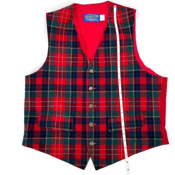Vintage Pendleton Wool Vest Red and Green Waistcoat Lined Plaid Size 44 - Picture 5 of 8